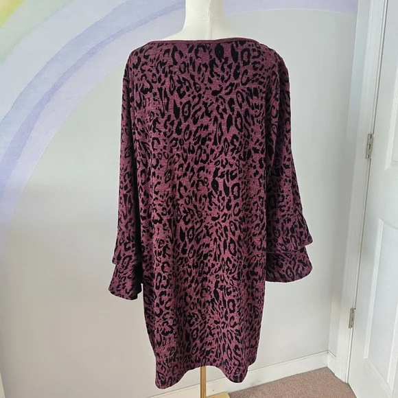 Tacera | 2X | Burgundy & Black Animal Print Bell Sleeve Dress - Picture 5 of 9
